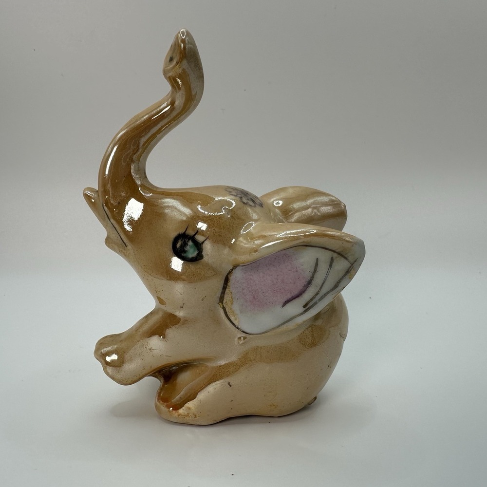 Vintage Luster ware Hand Painted Baby Elephant Figurine Trunk Up